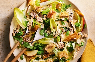 Warm chicken salad with apple, celery & cheesy croutons