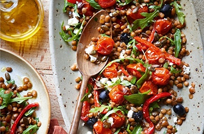 Warm lentil salad with roast cherry tomatoes & red pepper
