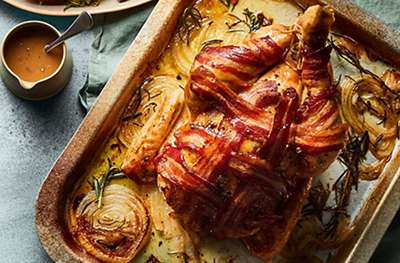 Whole roast chicken with smoked bacon lattice