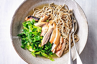 Wholewheat noodles with miso & honey-glazed chicken